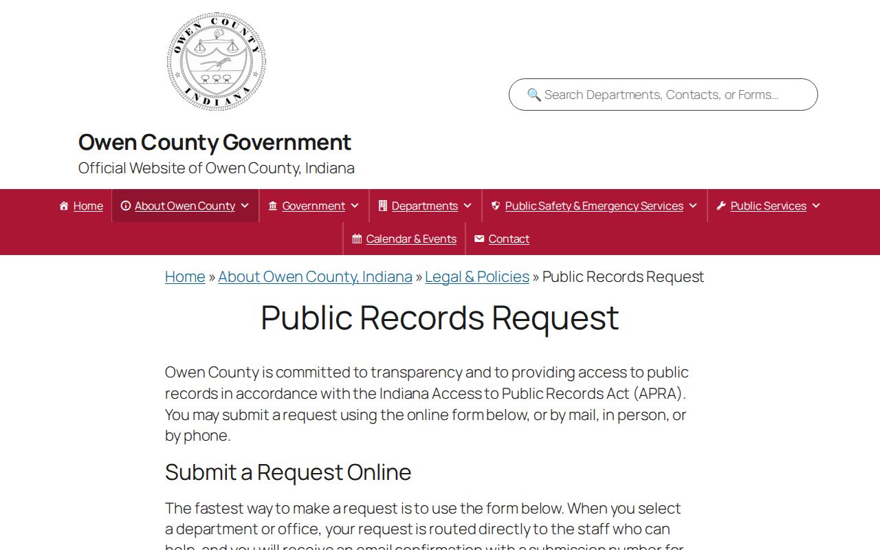 Owen County official public records request policy page